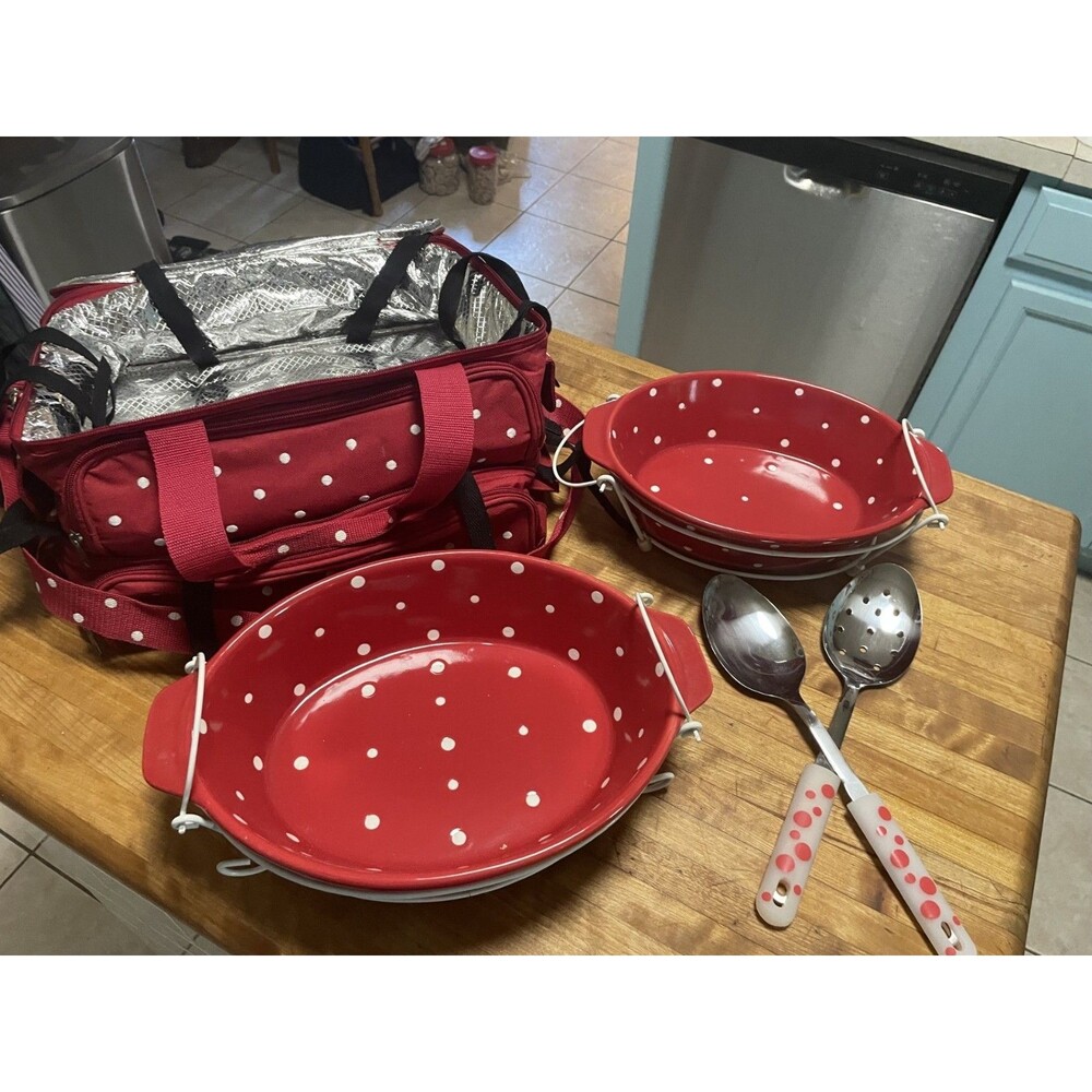 Temp-tations Presentable Ovenware Red Polka Dot Travel Bag Oval Baking Set